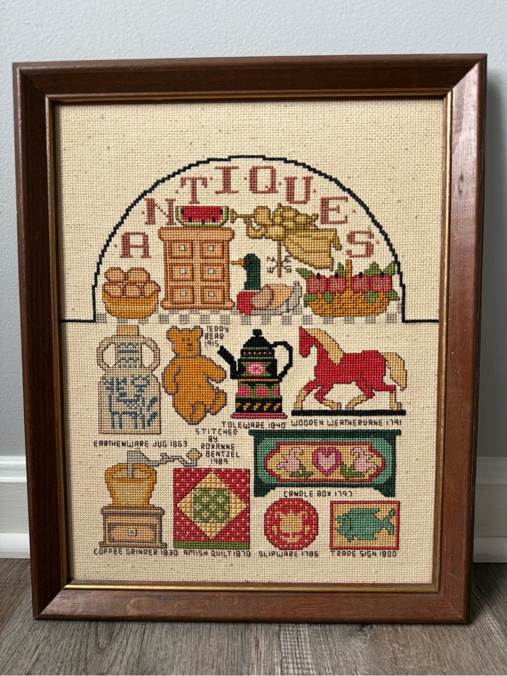 VTG Suzanne Mather Framed Cross Stitch Antique Motif Sampler 1988 Duck Animals - Picture 2 of 6